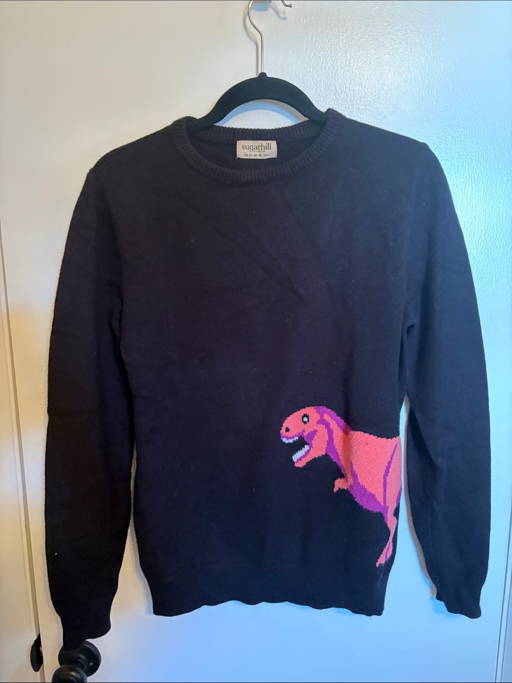 Sugarhill Brighton Black Crewneck Sweater with Pink Dinosaur Motif - Picture 1 of 3